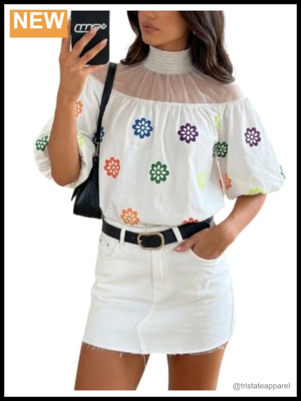 Women's Floral Mesh Mock Neck Tunic 3/4 Lantern Sleeve Blouse